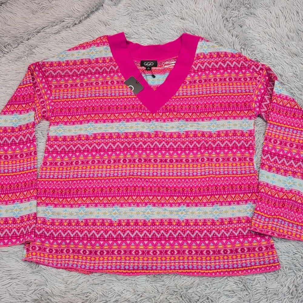 Gigio USA Shirt Womens L Pink Geometric Casual V Neck Lightweight Top New